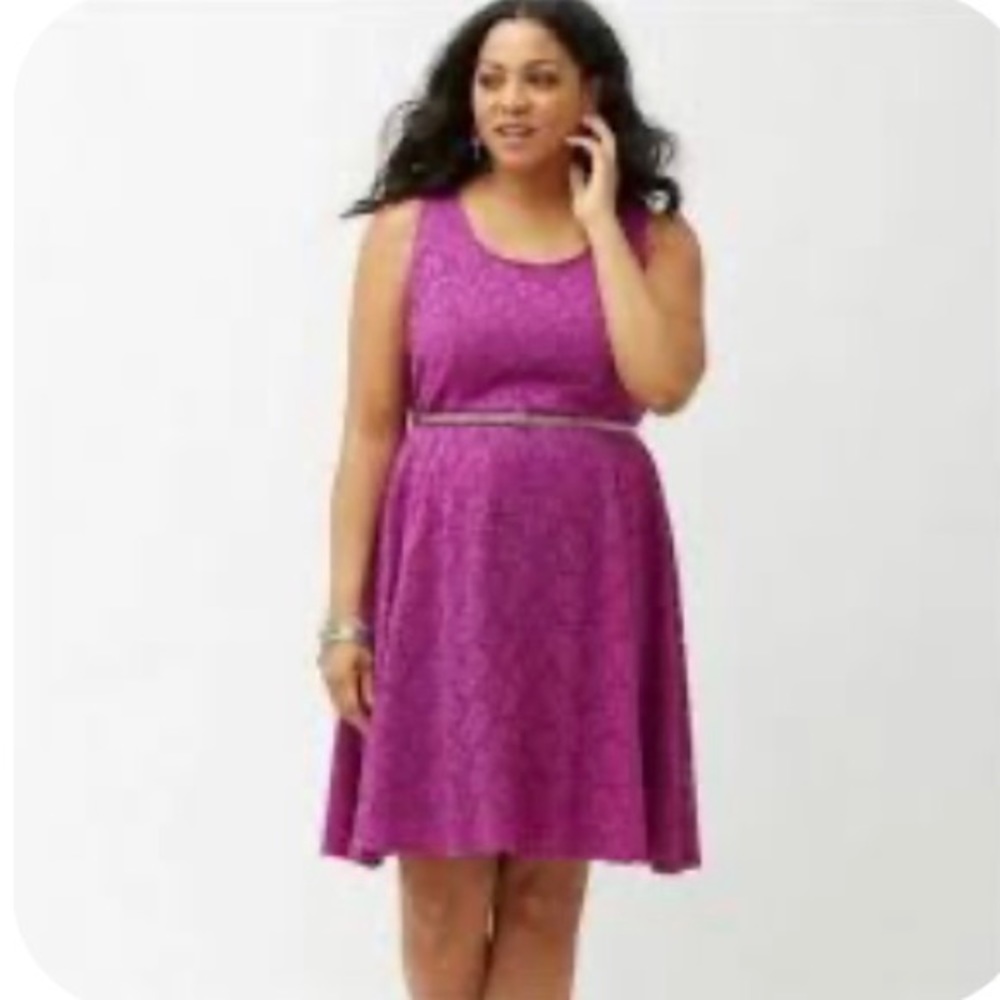 Lane Bryant pink/purple floral lace skater dress plus size 14/16 EUC with belt!